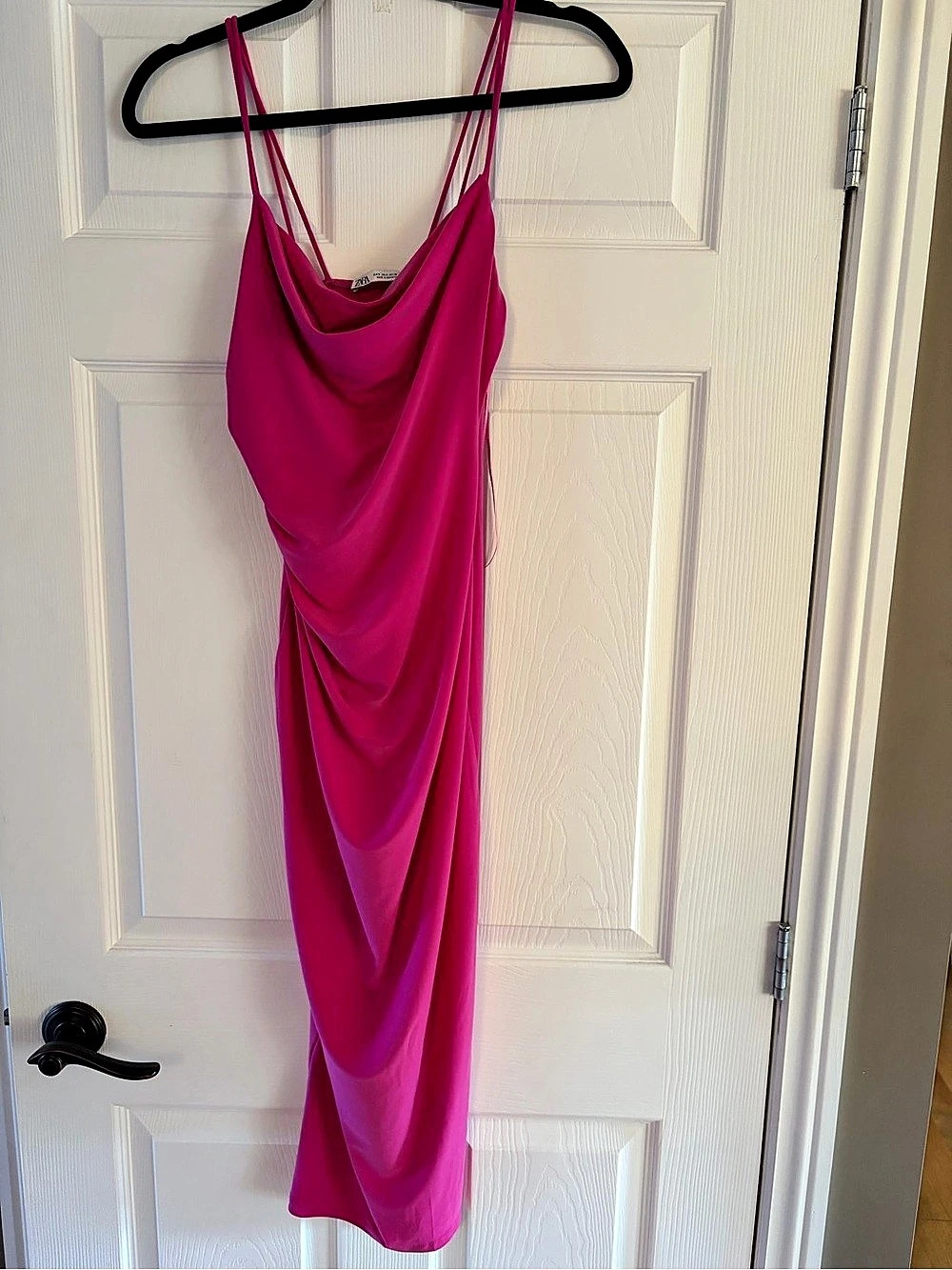 Zara Cowl Neck Ruched Side Satin Midi Dress Pink